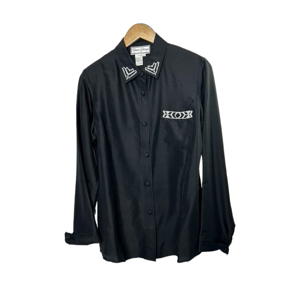 Y2K Diane Gilman 100% Silk Black Button-Up Long Sleeve Shirt Bead Detailing Sz M